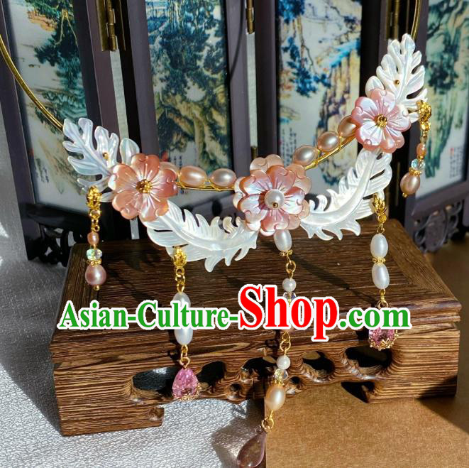 China Traditional Hanfu Pearls Tassel Necklace Accessories Ancient Fairy Princess Shell Flower Necklet Pendant