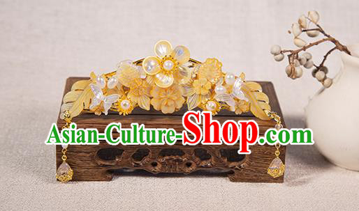 Chinese Ancient Patrician Female Hairpin Traditional Ming Dynasty Young Lady Yellow Shell Plum Hair Crown Jewelry