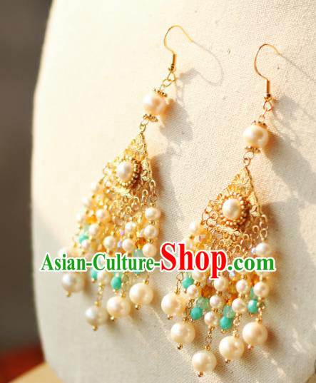 Chinese Ancient Tang Dynasty Imperial Consort Ear Accessories Traditional Hanfu Pearls Tassel Earrings