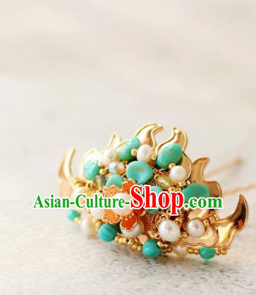 Chinese Ancient Palace Lady Hairpin Traditional Tang Dynasty Princess Golden Lotus Hair Crown