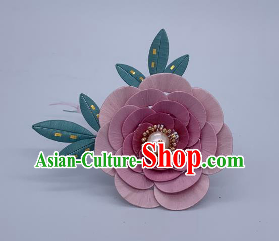 China Handmade Pink Silk Camellia Hairpin Traditional Tang Dynasty Hanfu Hair Accessories Ancient Princess Hair Stick