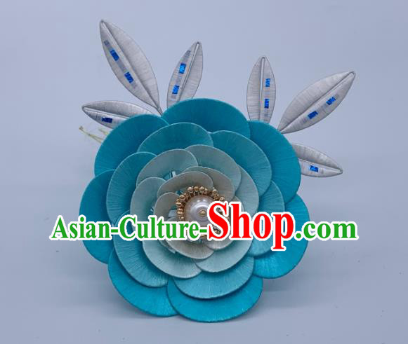 China Handmade Blue Silk Camellia Hairpin Traditional Hanfu Hair Accessories Ancient Tang Dynasty Hair Stick