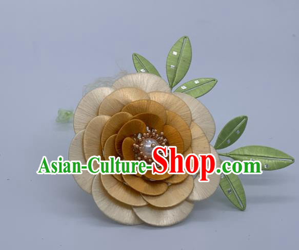 China Traditional Hanfu Hair Accessories Ancient Tang Dynasty Hair Stick Handmade Yellow Silk Camellia Hairpin