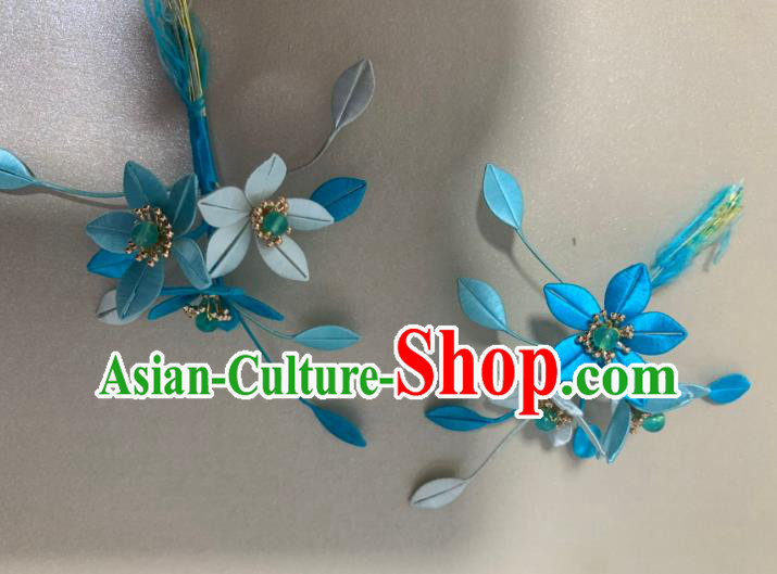 China Handmade Blue Silk Flowers Hairpin Traditional Hanfu Hair Accessories Ancient Song Dynasty Princess Hair Claws