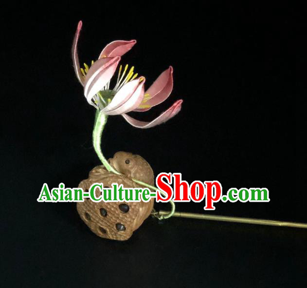 China Handmade Pink Silk Lotus Hairpin Traditional Hanfu Hair Accessories Ancient Song Dynasty Empress Hair Stick
