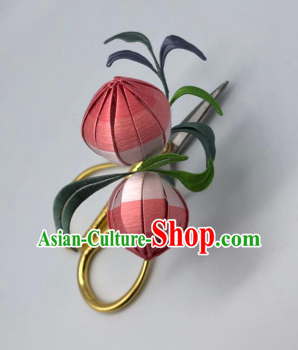 China Handmade Pink Silk Peach Hairpin Traditional Hanfu Hair Accessories Ancient Song Dynasty Young Lady Hair Stick