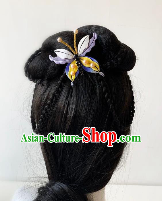 China Handmade Lilac Silk Butterfly Hairpin Traditional Hanfu Hair Accessories Ancient Song Dynasty Princess Pearls Hair Stick