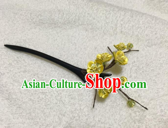 China Handmade Yellow Silk Plum Blossom Hairpin Traditional Hanfu Hair Accessories Ancient Swordswoman Ebony Hair Stick