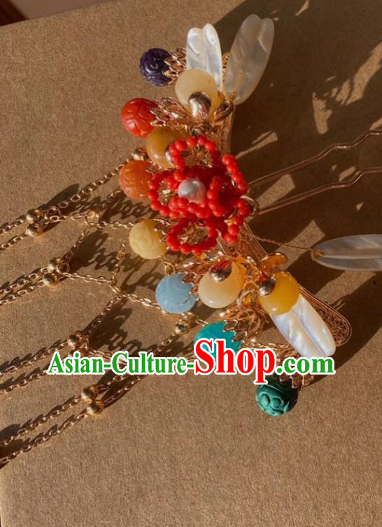 China Handmade Golden Tassel Hairpin Traditional Song Dynasty Hair Accessories Ancient Imperial Concubine Gems Hair Comb