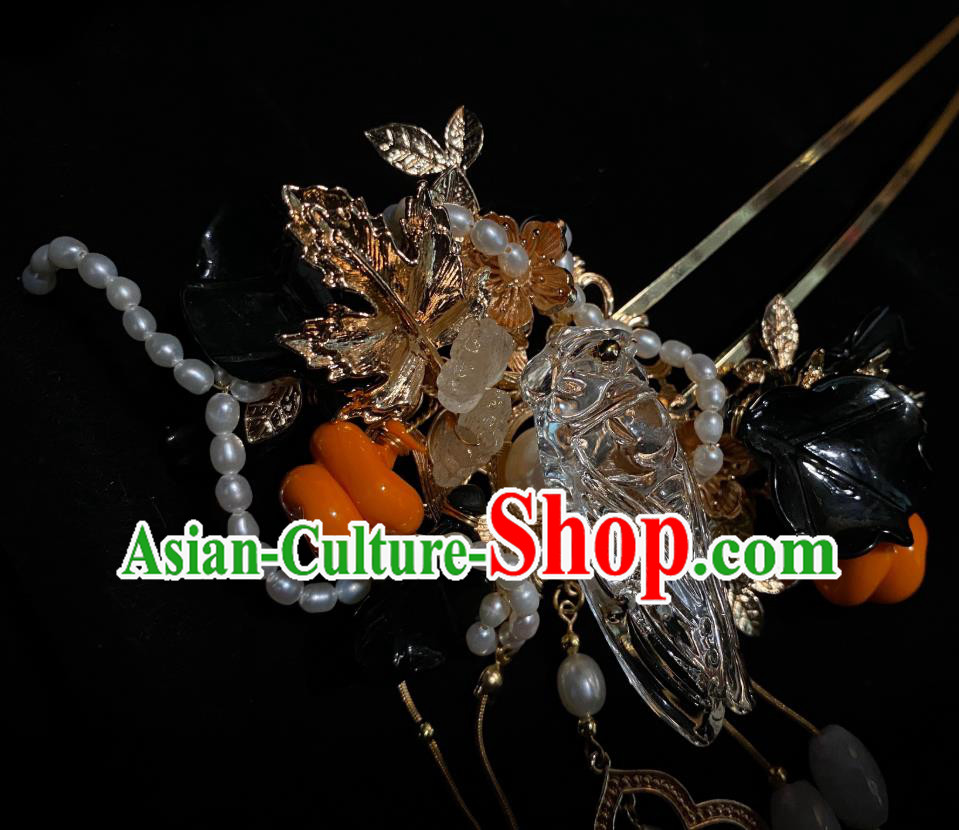 China Handmade Ming Dynasty Crystal Cicada Hairpin Cosplay Hanfu Hair Accessories Ancient Empress Golden Hair Stick