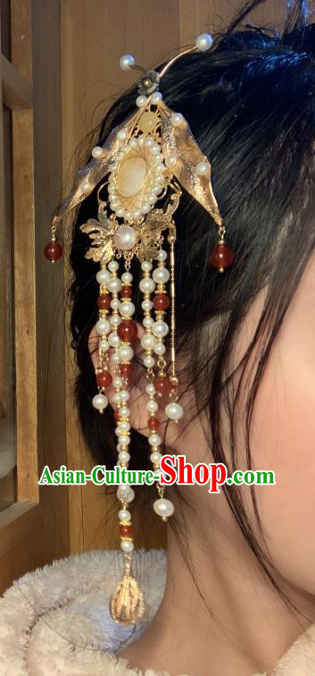 China Handmade Pearls Tassel Hairpin Traditional Ming Dynasty Hair Accessories Ancient Princess Golden Moth Hair Stick