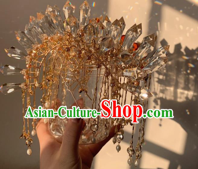China Handmade Crystal Hairpin Traditional Tang Dynasty Hair Accessories Ancient Palace Lady Tassel Hair Crown