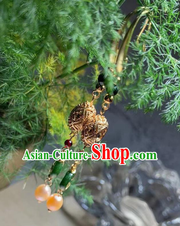 Chinese Ancient Princess Jadeite Earrings Handmade Traditional Ming Dynasty Pearl Ear Jewelry Accessories