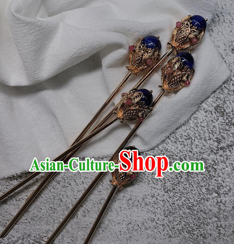 China Handmade Lapis Hairpin Traditional Tang Dynasty Hair Accessories Ancient Imperial Concubine Golden Hair Stick