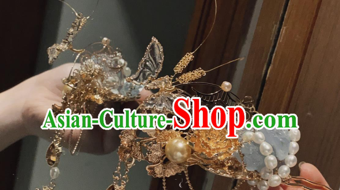 China Traditional Hanfu Hair Accessories Handmade Ming Dynasty Crystal Butterfly Hairpin Ancient Empress Aquamarine Hair Stick