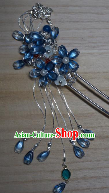China Handmade Blue Sakura Tassel Hairpin Traditional Ming Dynasty Hair Accessories Ancient Young Lady Hair Clip
