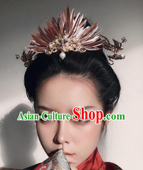 China Handmade Shell Phoenix Hairpin Traditional Ming Dynasty Hair Accessories Ancient Princess Wedding Hair Crown