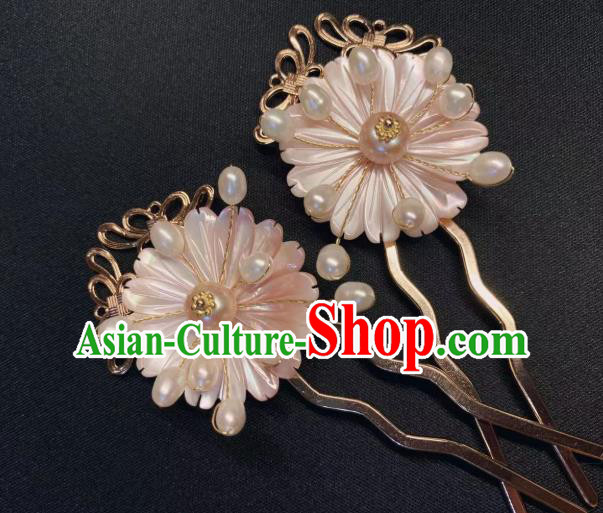 China Handmade Pink Shell Daisy Hairpin Traditional Ming Dynasty Hair Accessories Ancient Princess Pearls Hair Stick