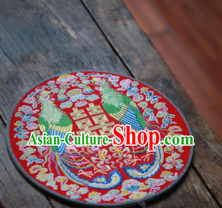 China Traditional Wedding Circular Fan Handmade Embroidered Phoenix Fan Classical Red Silk Palace Fan