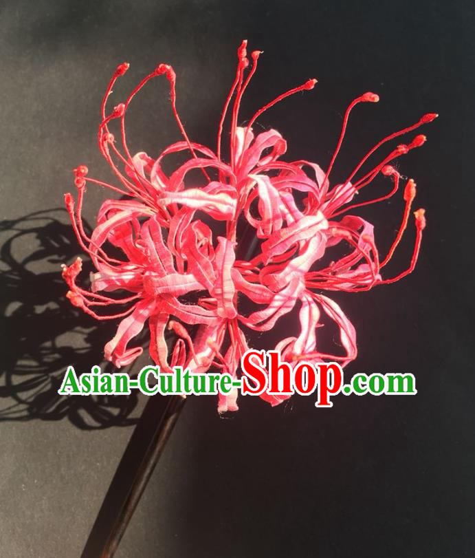 China Handmade Silk Red Manjusaka Hairpin Traditional Hanfu Headwear Ancient Tang Dynasty Palace Lady Hair Stick