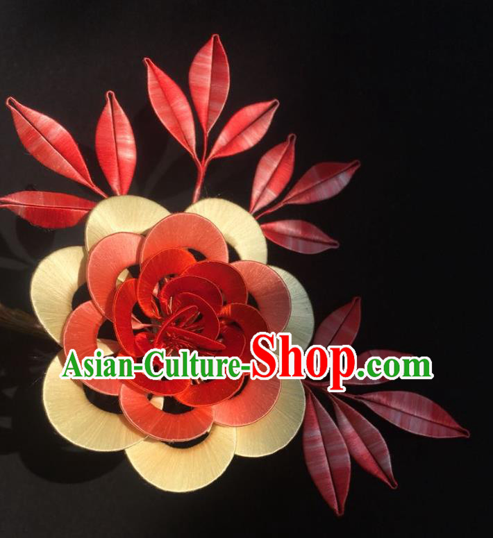China Handmade Silk Red Camellia Hairpin Traditional Hanfu Headpiece Ancient Tang Dynasty Empress Hair Comb