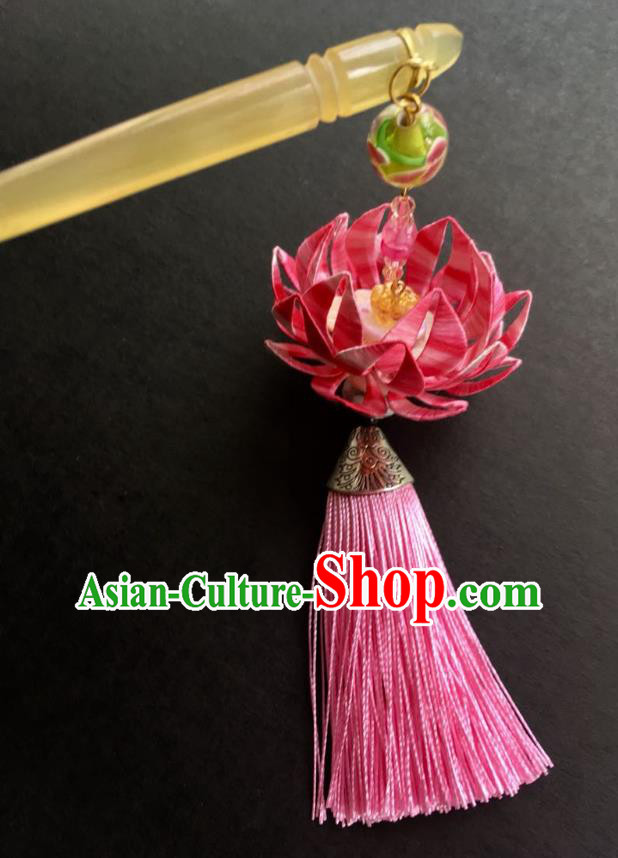 China Handmade Pink Silk Lotus Hairpin Traditional Hanfu Headpiece Ancient Tang Dynasty Court Beauty Tassel Hair Stick
