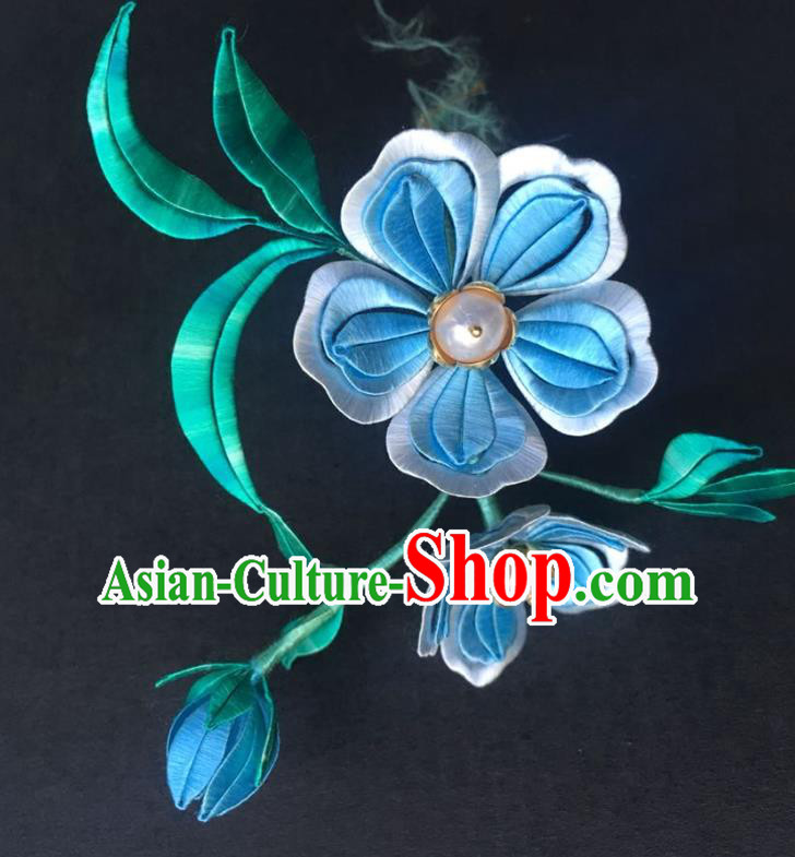 China Handmade Blue Silk Peach Blossom Hairpin Traditional Hanfu Headpiece Ancient Song Dynasty Young Lady Hair Stick