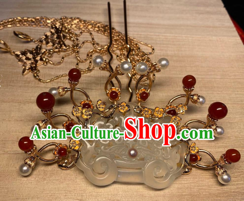 China Handmade Jade Lock Hairpin Traditional Ming Dynasty Hair Accessories Ancient Empress Golden Plum Hair Comb