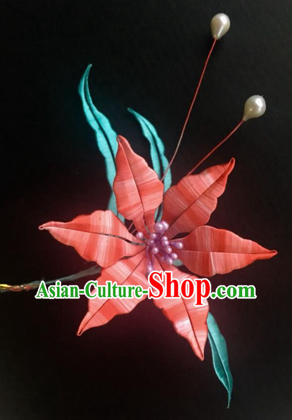 China Handmade Silk Lily Flower Hairpin Traditional Hanfu Hair Accessories Ancient Village Girl Hair Stick