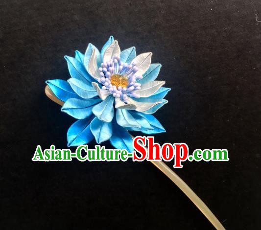 China Handmade Blue Silk Lotus Hairpin Traditional Hanfu Hair Accessories Ancient Royal Princess Hair Clip
