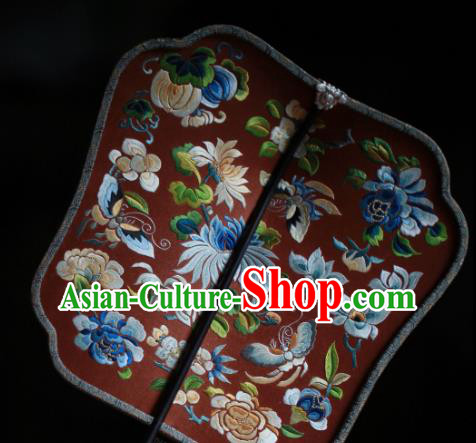 China Classical Red Silk Palace Fan Traditional Wedding Fan Handmade Embroidered Chrysanthemum Peony Fan