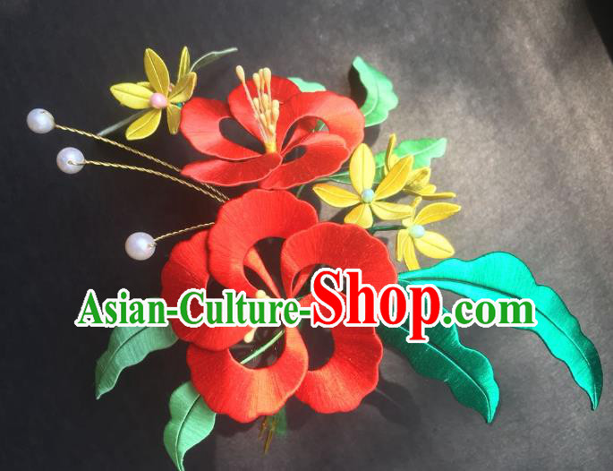 China Handmade Red Silk Hibiscus Hairpin Traditional Ming Dynasty Hair Accessories Ancient Young Beauty Hair Stick