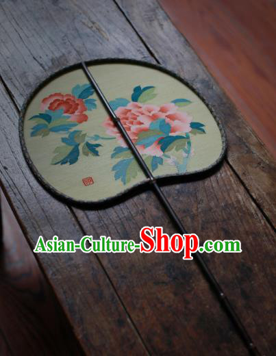 Chinese Traditional Palace Fan Ancient Princess Hanfu Fans Handmade Kesi Peony Painting Pattern Light Yellow Silk Fan