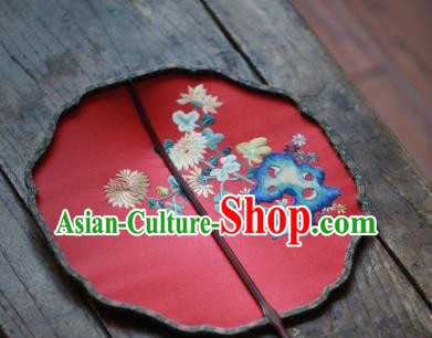 China Classical Red Silk Palace Fan Traditional Wedding Hanfu Fan Handmade Embroidered Chrysanthemum Fan