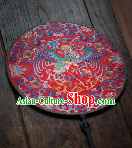 China Handmade Embroidered Phoenix Circular Fan Classical Red Silk Palace Fan Traditional Wedding Hanfu Fan