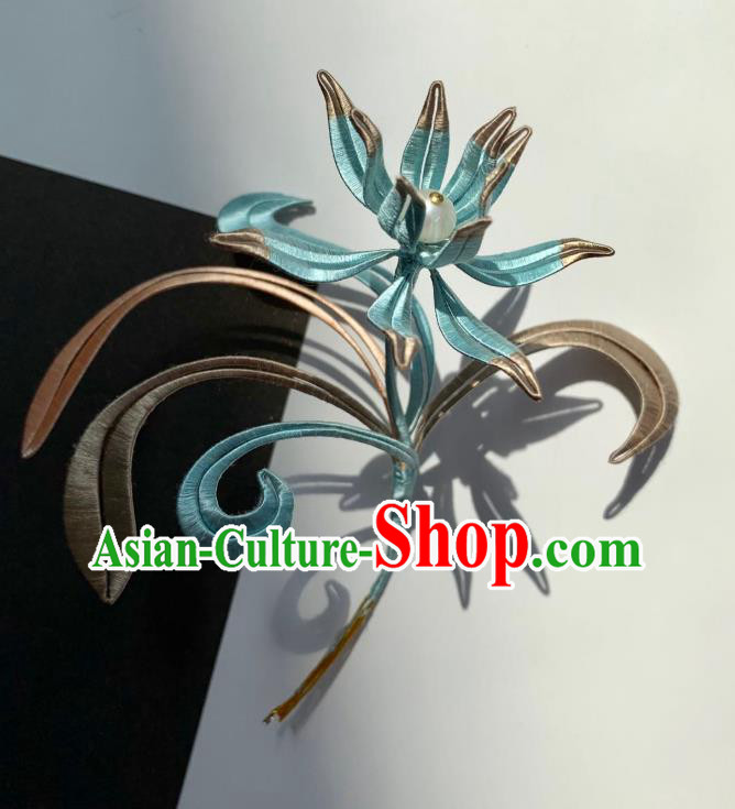 China Handmade Blue Silk Orchids Hairpin Traditional Hanfu Hair Accessories Ancient Song Dynasty Patrician Lady Hair Clip