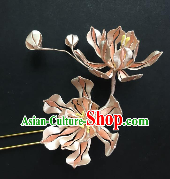 China Handmade Pink Silk Mangnolia Hairpin Traditional Hanfu Hair Accessories Ancient Noble Lady Hair Stick