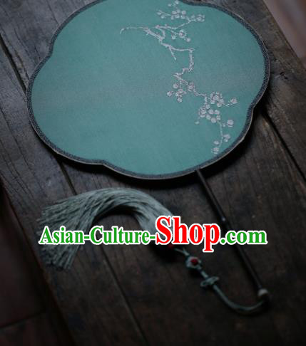 Chinese Handmade Kesi Plum Blossom Painting Pattern Green Silk Fan Traditional Palace Fan Ancient Princess Hanfu Fans