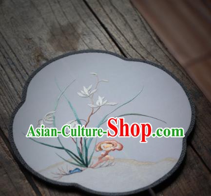 China Traditional Song Dynasty Hanfu Fan Handmade Embroidered Orchids Fan Classical Silk Palace Fan