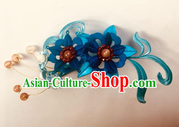 China Handmade Blue Silk Flowers Hairpin Traditional Ming Dynasty Hair Accessories Ancient Palace Lady Hair Stick