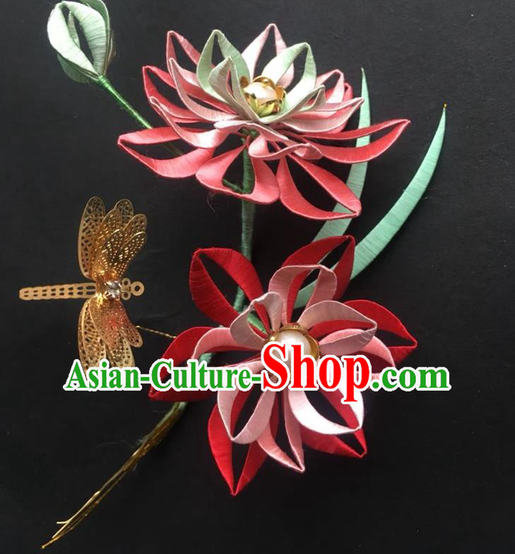 China Handmade Silk Lotus Hairpin Traditional Hanfu Headwear Ancient Song Dynasty Princess Hair Comb
