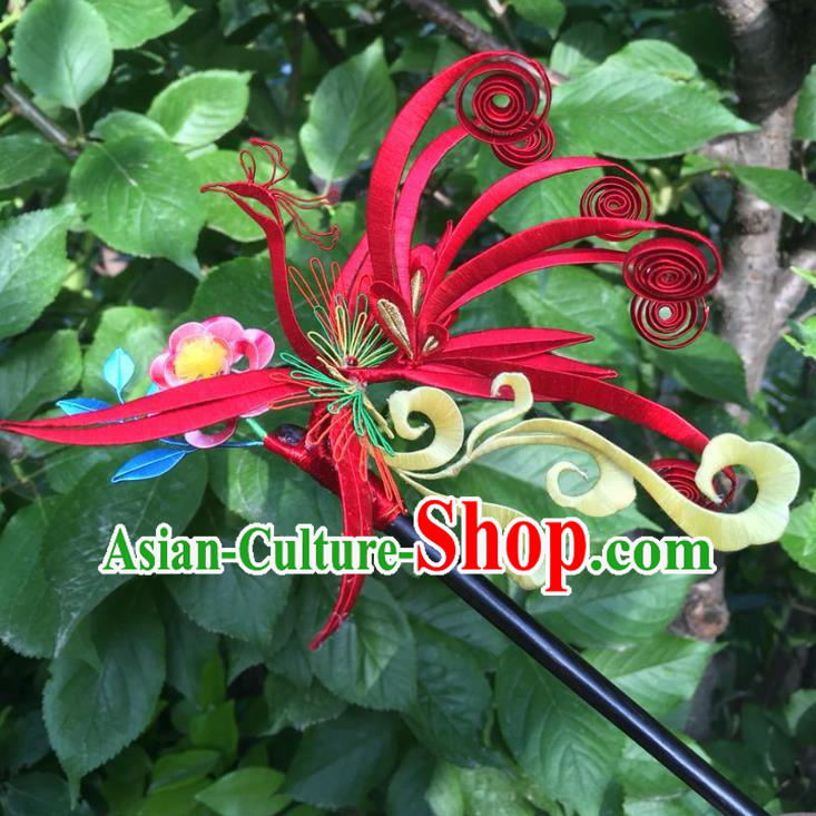 China Handmade Red Silk Phoenix Hairpin Traditional Ming Dynasty Hair Accessories Ancient Wedding Hair Stick