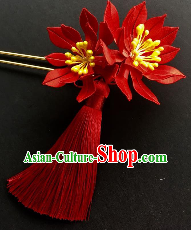 China Handmade Red Silk Flowers Hairpin Traditional Cheongsam Hair Accessories Ancient Bride Tassel Hair Stick