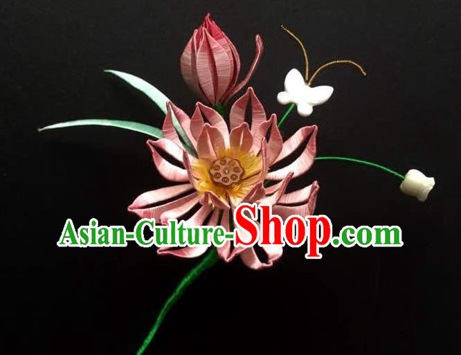 China Handmade Pink Silk Lotus Hairpin Traditional Hair Accessories Ancient Palace Princess Hair Stick