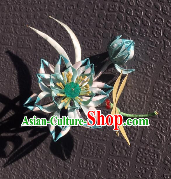 China Handmade Light Blue Silk Lotus Hairpin Traditional Hanfu Headwear Ancient Young Lady Hair Stick