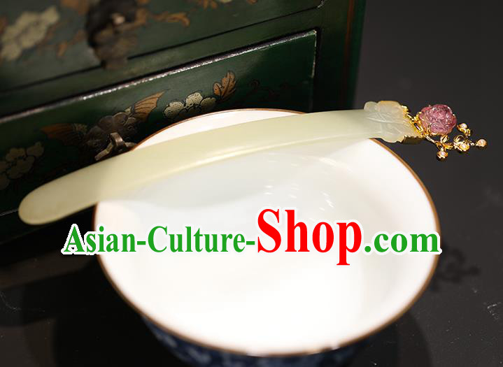 China Handmade Hetian Jade Hairpin Traditional Qing Dynasty Court Headpiece Ancient Noble Woman Hair Stick