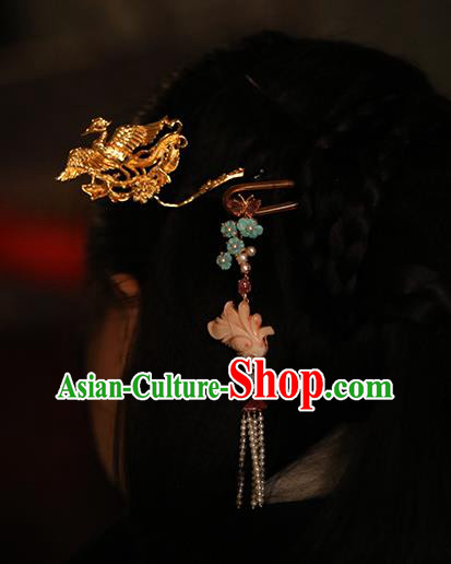 China Handmade Pearls Tassel Hairpin Traditional Ming Dynasty Court Headpiece Ancient Empress Golden Phoenix Hair Stick