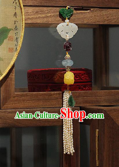 Chinese Traditional Pearls Tassel Pendant Ancient Qing Dynasty Court Woman Jade Brooch Accessories