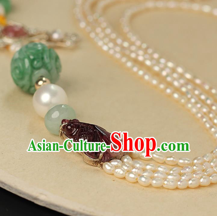 Chinese Ancient Qing Dynasty Court Woman Brooch Accessories Traditional Pearls Tassel Jade Pendant