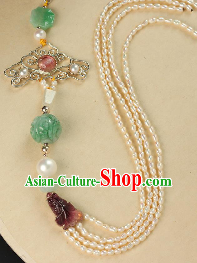Chinese Ancient Qing Dynasty Court Woman Brooch Accessories Traditional Pearls Tassel Jade Pendant